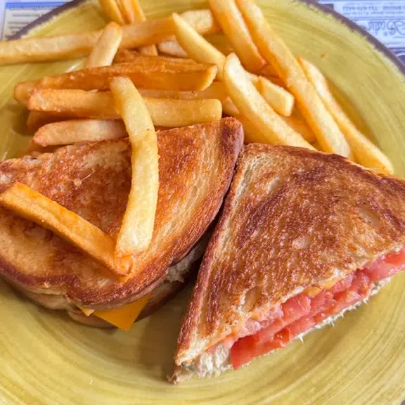 Grilled cheese sandwich served with French fries